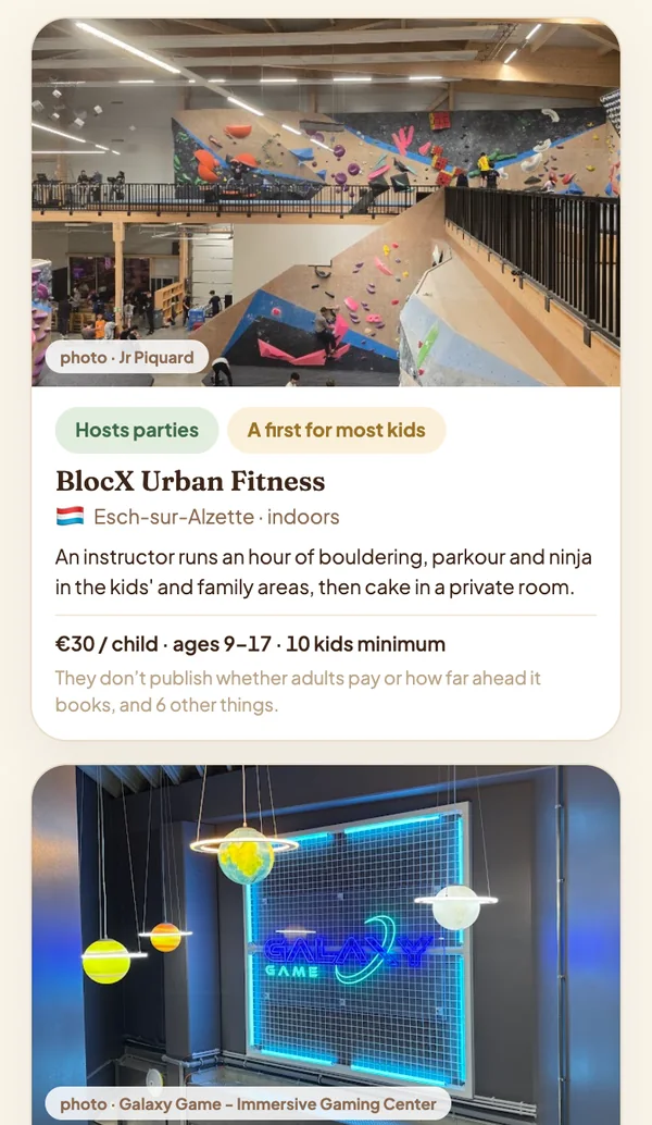 Pebble's card for BlocX Urban Fitness, a climbing gym in Esch-sur-Alzette: photo, whether it hosts parties, price, ages and group size, and what the venue doesn't publish