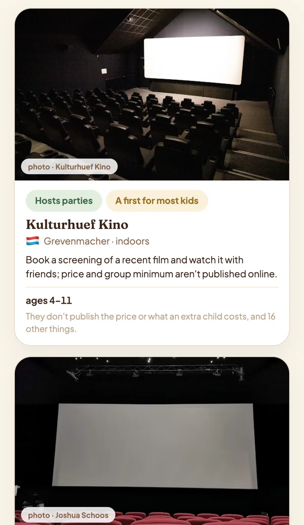 Pebble's card for Kulturhuef Kino in Grevenmacher: photo, whether it hosts parties, price, ages and group size, and what the venue doesn't publish