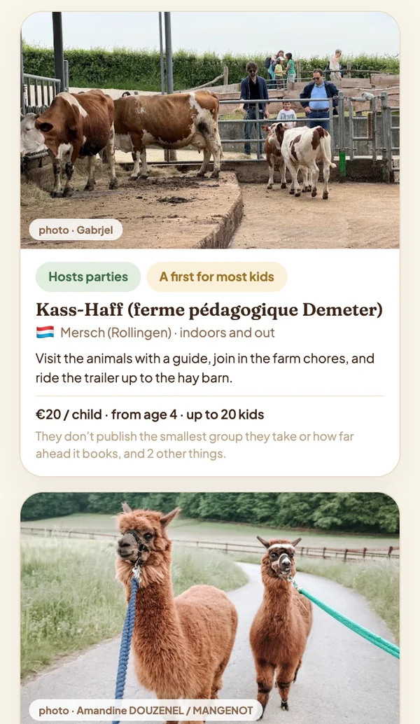 Pebble's card for Kass-Haff, a Demeter farm in Mersch: photo, whether it hosts parties, price, ages and group size, and what the venue doesn't publish