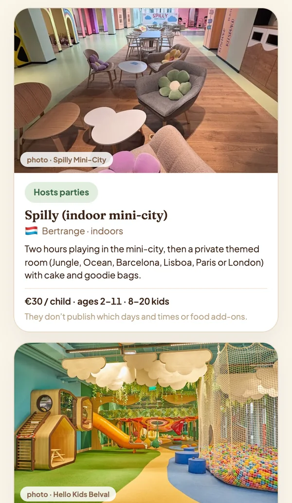Pebble's card for Spilly, an indoor mini-city in Bertrange: photo, whether it hosts parties, price, ages and group size, and what the venue doesn't publish