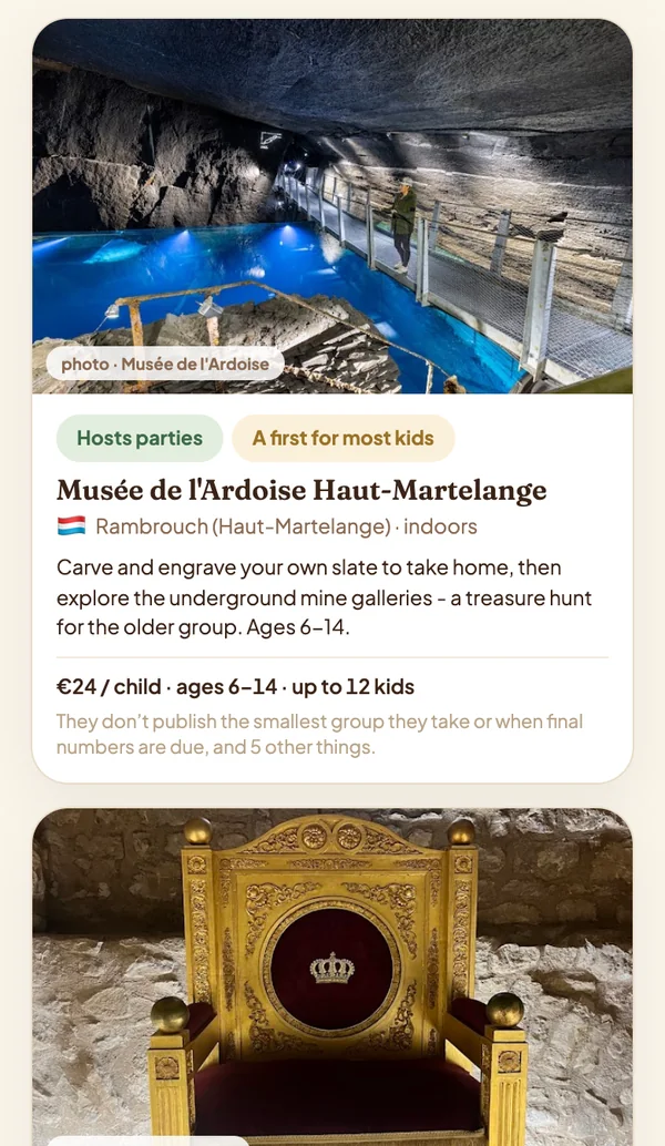 Pebble's card for Musée de l'Ardoise, the slate museum in Haut-Martelange: photo, whether it hosts parties, price, ages and group size, and what the venue doesn't publish
