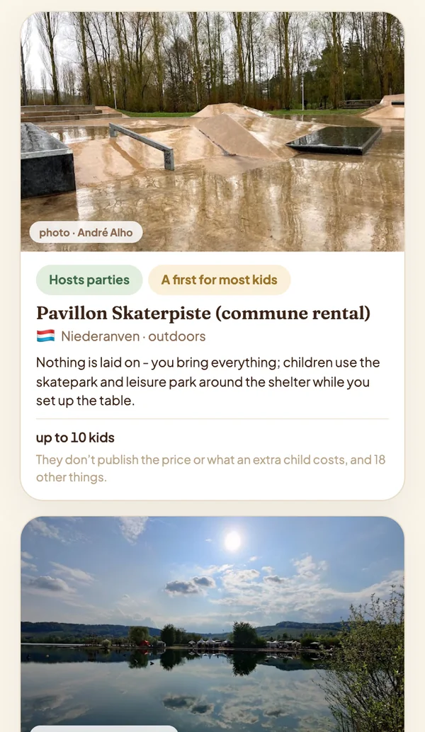 Pebble's card for Pavillon Skaterpiste, a commune rental in Niederanven: photo, whether it hosts parties, price, ages and group size, and what the venue doesn't publish