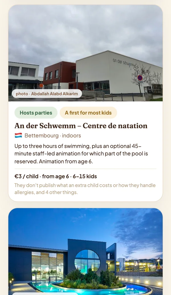 Pebble's card for An der Schwemm, the swimming centre in Bettembourg: photo, whether it hosts parties, price, ages and group size, and what the venue doesn't publish