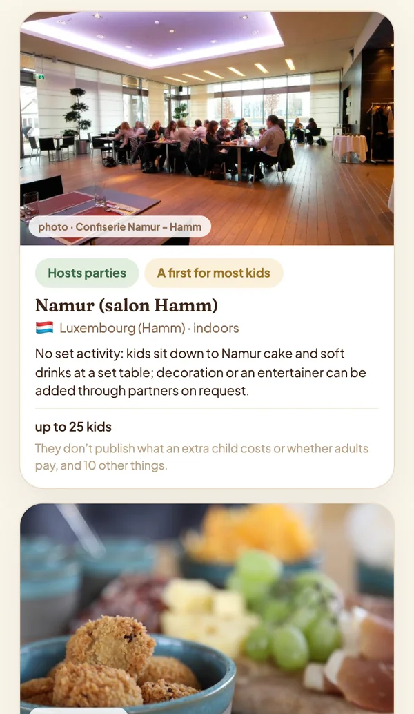 Pebble's card for Namur, the salon in Hamm: photo, whether it hosts parties, price, ages and group size, and what the venue doesn't publish