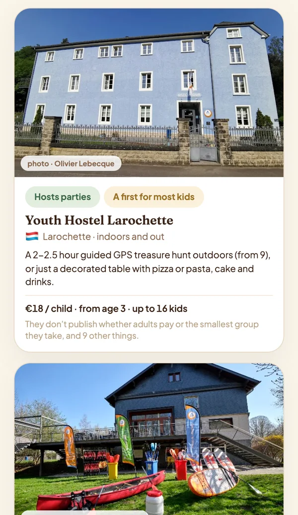 Pebble's card for Youth Hostel Larochette: photo, whether it hosts parties, price, ages and group size, and what the venue doesn't publish