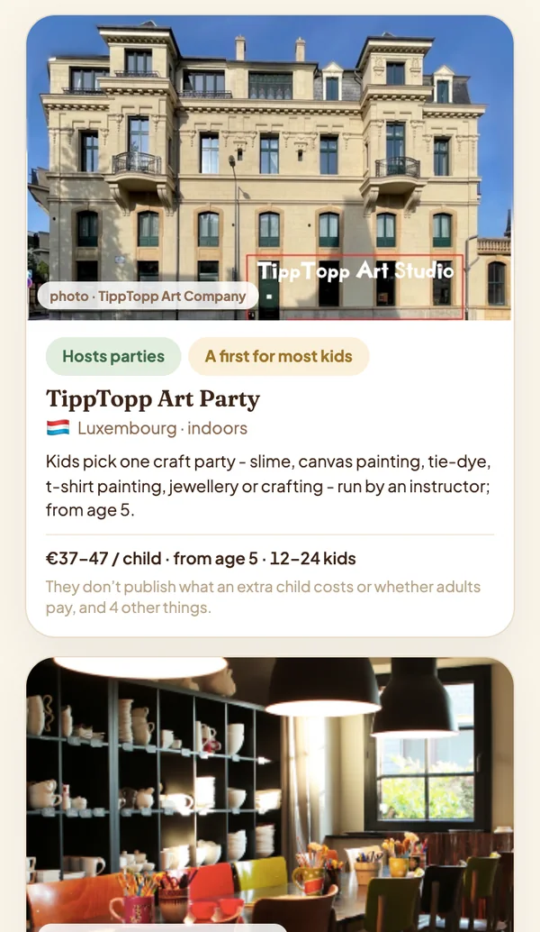 Pebble's card for TippTopp Art Party, craft parties in Luxembourg: photo, whether it hosts parties, price, ages and group size, and what the venue doesn't publish