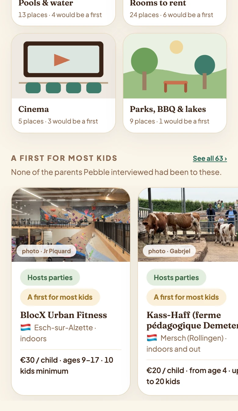 Pebble's Places screen: kinds of outing such as Cinema and Parks, then a row titled 'A first for most kids' with venue cards, price per child and ages