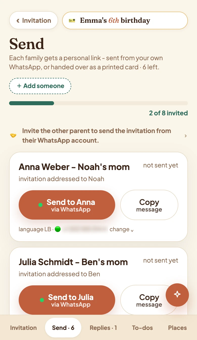 The Send screen: each family gets a personal link, with a 'Send via WhatsApp' button and 'Copy message' for every family, and a count of how many are invited