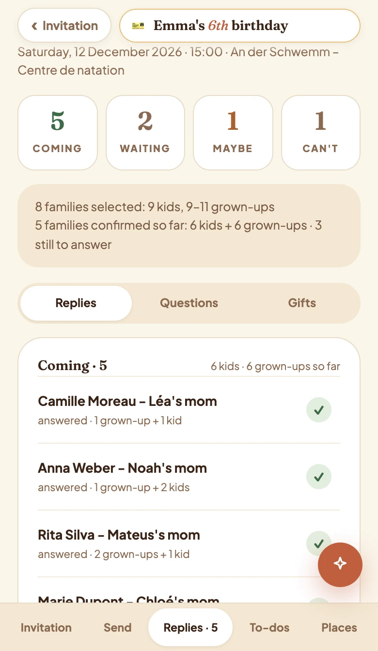 Who's coming: 5 coming, 1 waiting, 1 maybe, 1 can't, kids and grown-ups counted, tabs for replies, questions and gifts, and the list of families